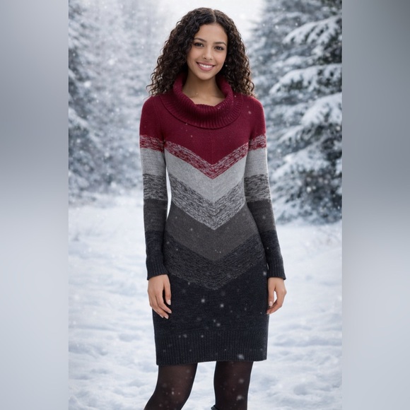 BCX Sweaters - BCX Women's Red and Gray Chevron Turtleneck Sweater